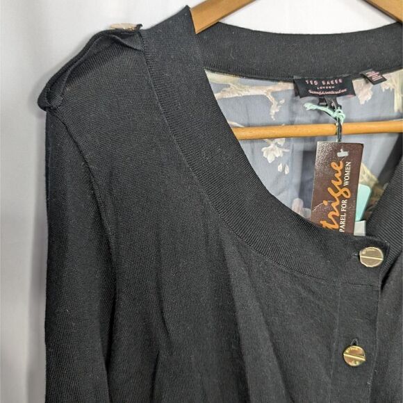 Ted Baker London Sweater Cardigan Black Floral Back Gold Buttons Size 4 / 10 - Picture 4 of 9